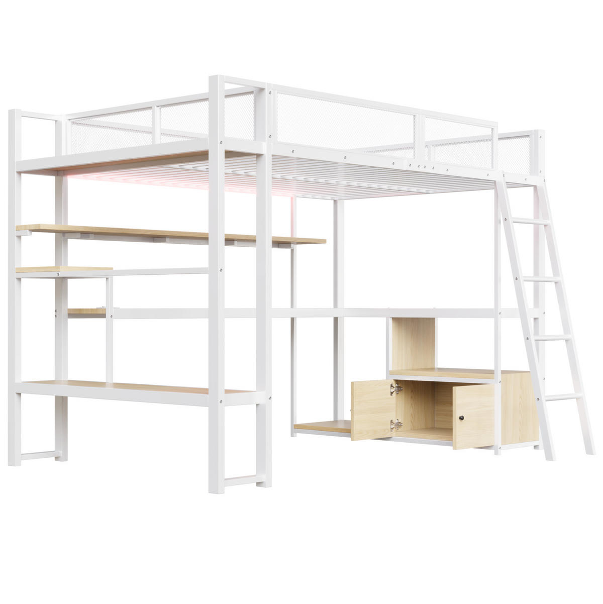 HOCHBETT 140/200 cm Weiß aus Metall mit Schreibtisch, LED und Ladestation - Weiß, Metall (140/200cm) - MIVRAY