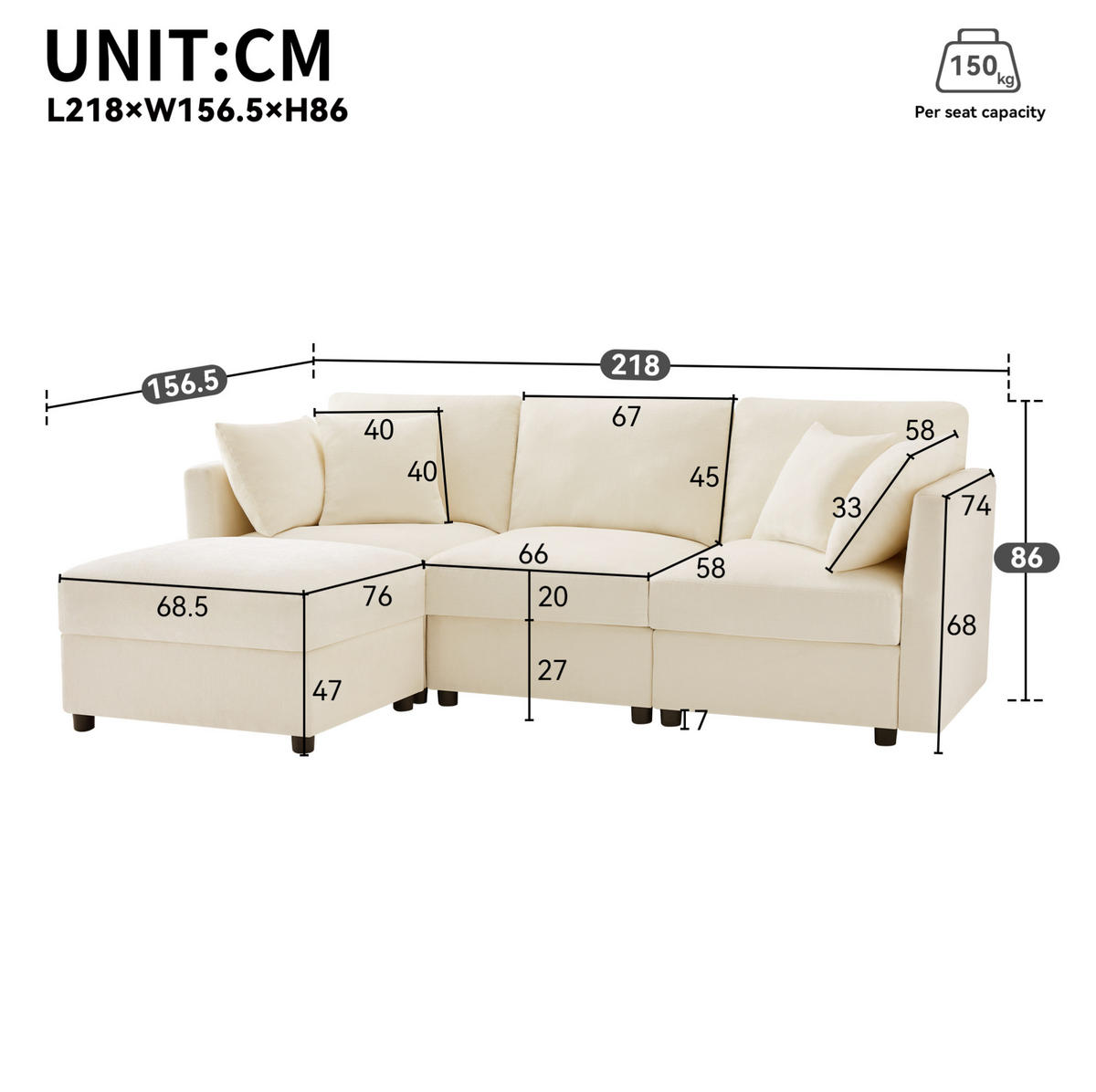 ECKSOFA, Chenille mit verstellbaren Armlehnen & Hocker, 218/156,5/86 cm, Beige - Beige, Textil (156.5/218cm) - Redom
