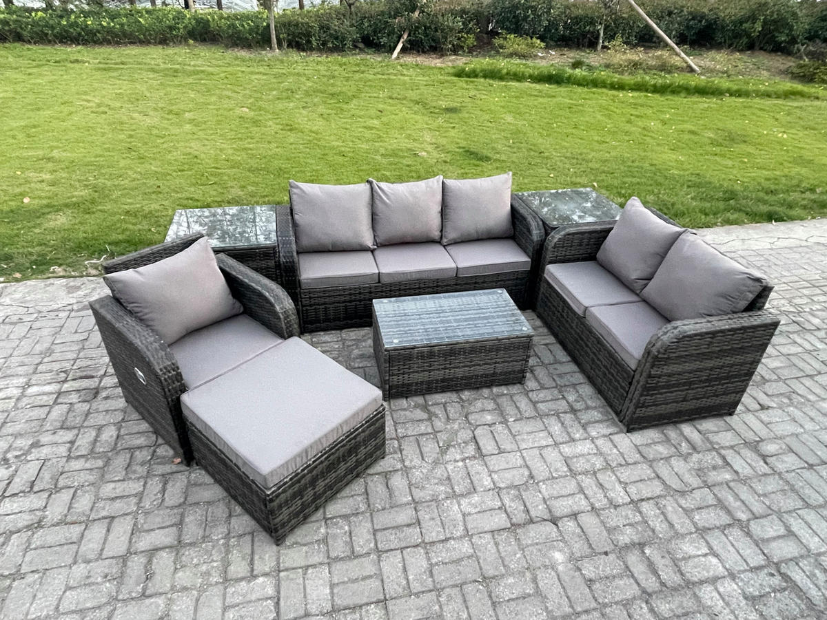 GARTENSET Polyrattan Dunkelgrau 6-Sitzer - Dunkelgrau/Grau, Glas/Kunststoff - Fimous