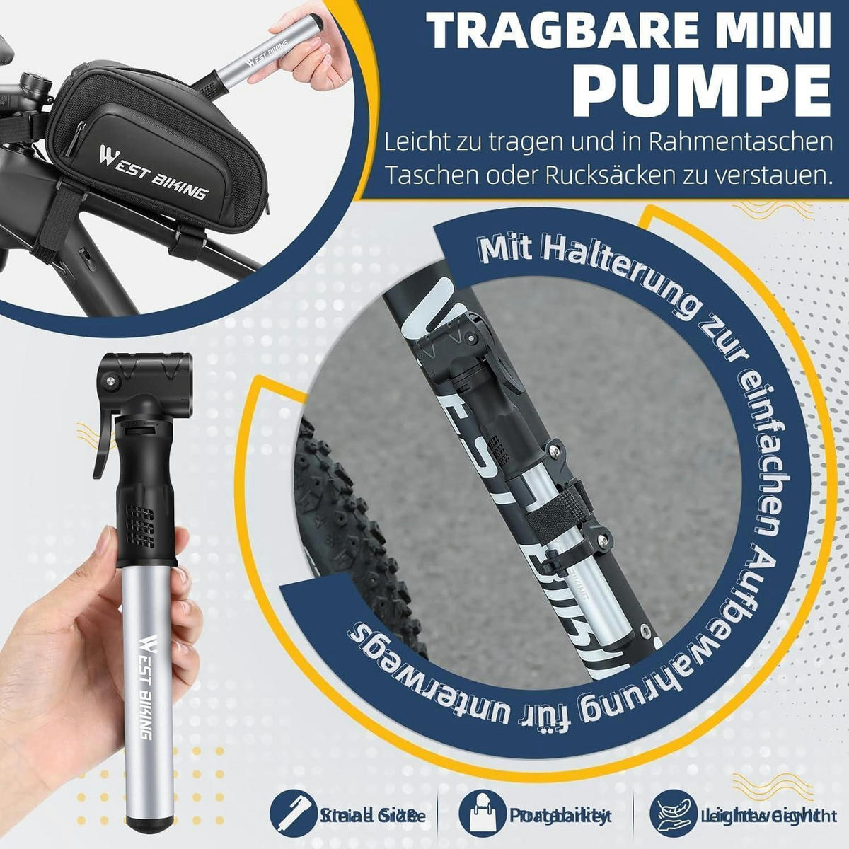 FAHRRADPUMPE Mini Aluminium mit Doppelventil und Halterung - Silberfarben, Metall (4.3/22.5/22.5cm)