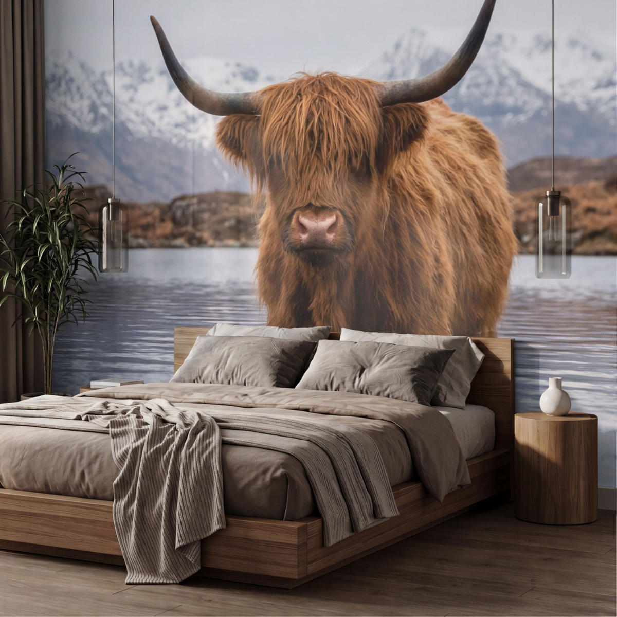 TAPETE - Schottischer Hochländer - Braun - Wasser - 400x240 cm - Braun, Papier (400/240cm) - OnlyWow