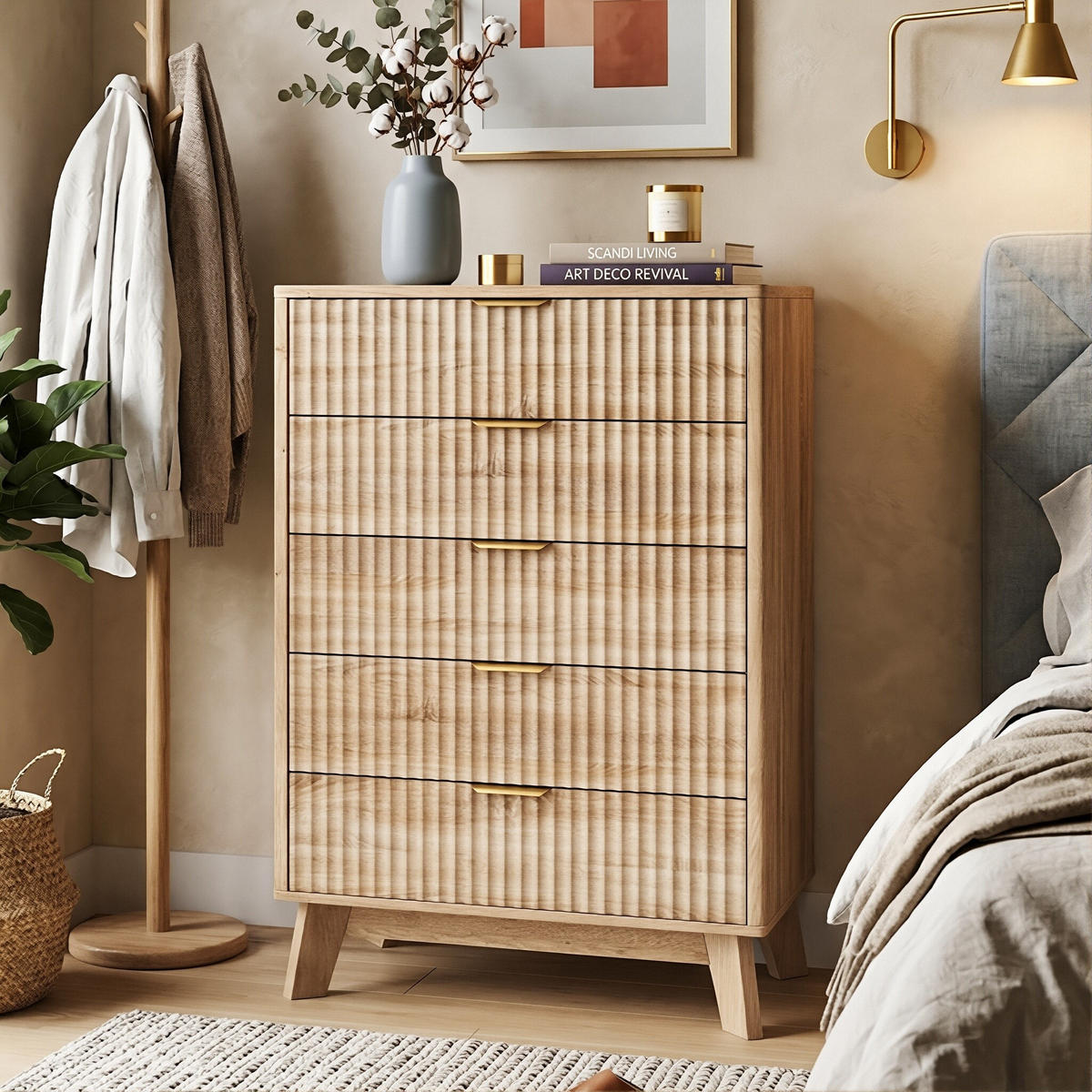 KOMMODE Wellen-Design mit 5 Schubladen 73/40/108 cm Eiche-Dekor - Eichefarben, Holzwerkstoff (73/108/40cm) - Creahappy