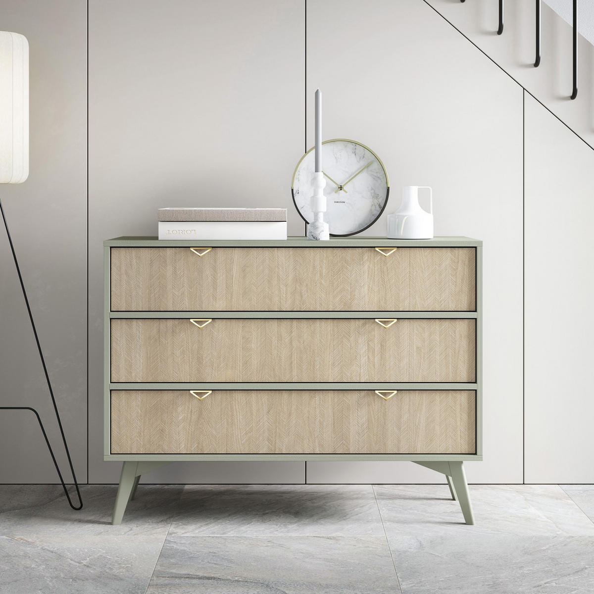 KOMMODE Silva 106 cm in Eukalyptus + Scandi-Fischgrätmuster mit Schubladen - Goldfarben/Grün, Holz/Holzwerkstoff (106/81/38cm) - Ravio