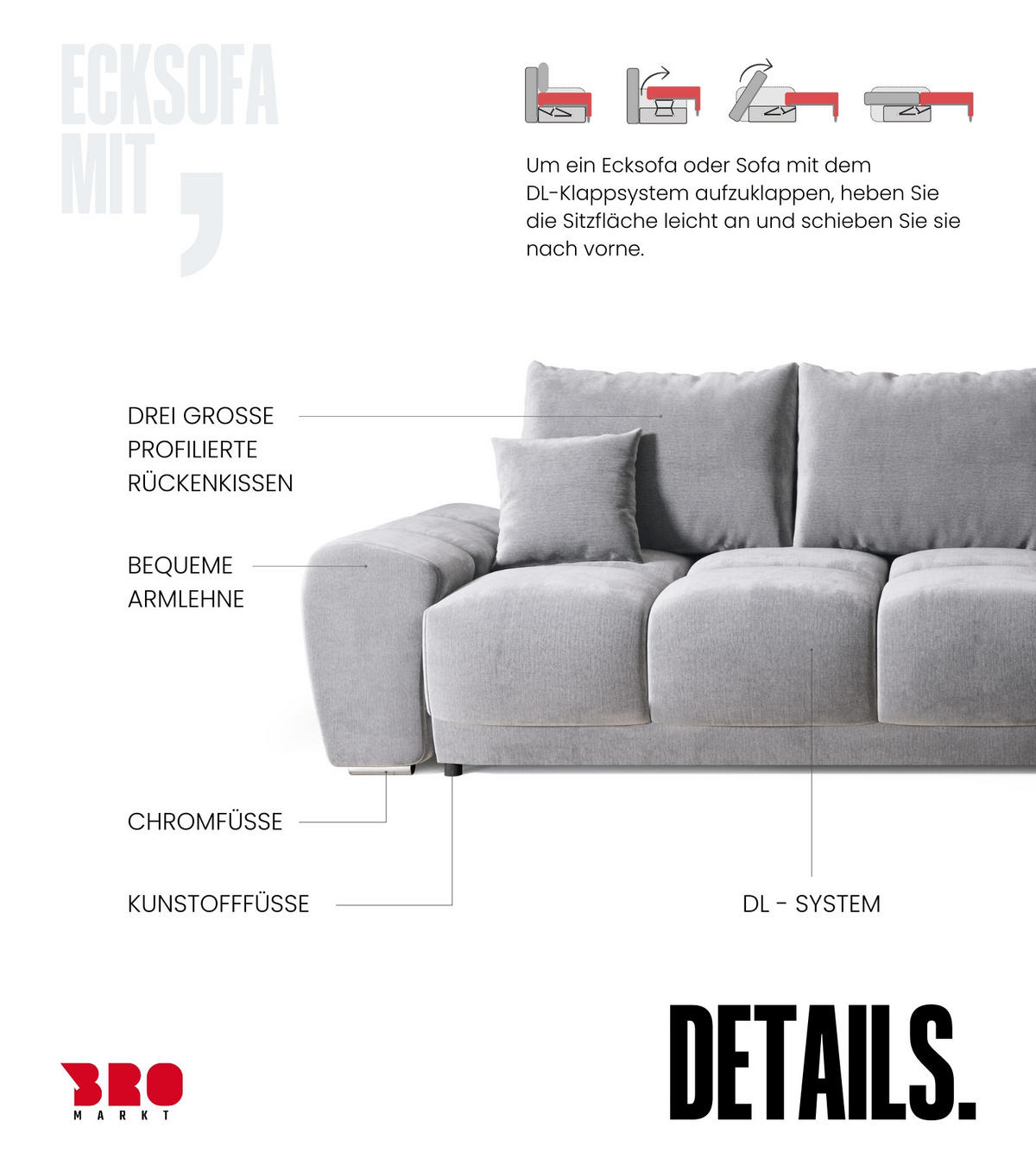 ECKSOFA Nubes mit Schlaffunktion Grau Plüsch - Silberfarben/Grau, Kunststoff/Textil (290/180cm) - Bromarkt