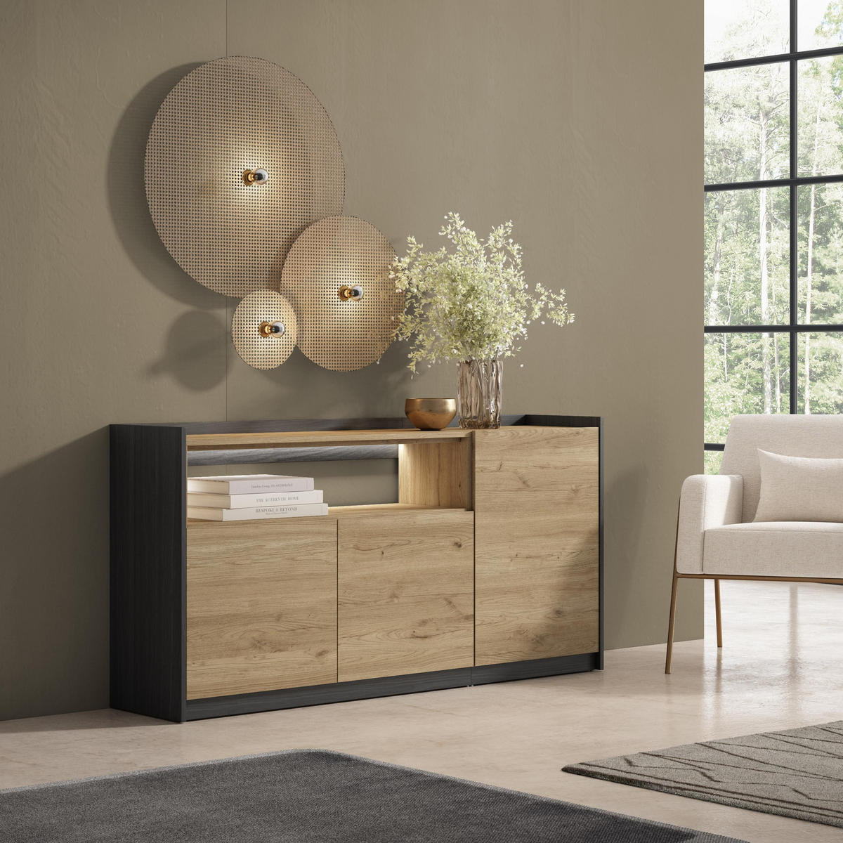 SIDEBOARD, Eiche und Schwarz, 156/37/80cm, mit Led - Eichefarben, Holzwerkstoff (156/80/37cm) - Skraut Home