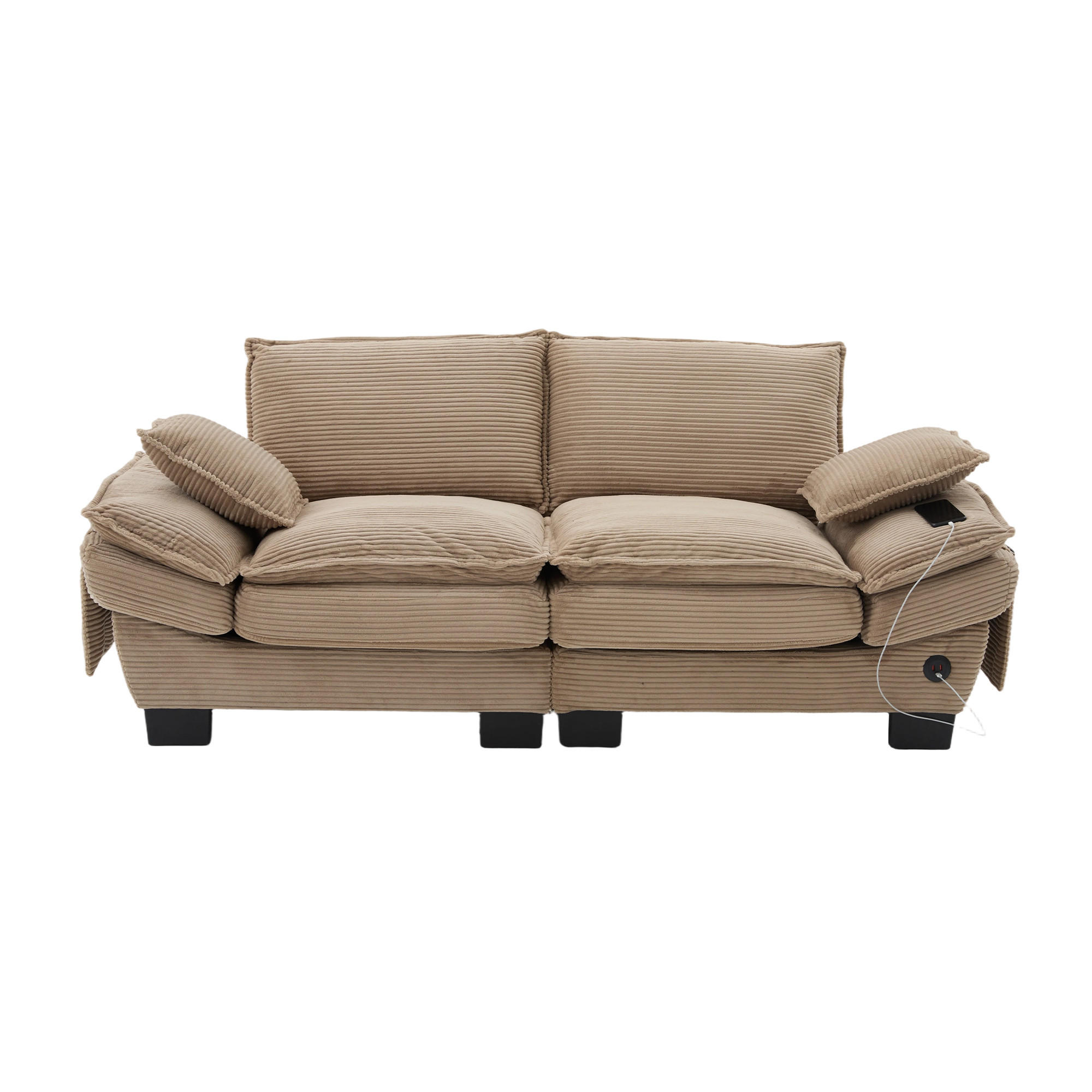 2-SITZER SOFA Cord Khaki mit USB-C und Seitentaschen - Hellbraun, Holzwerkstoff/Kunststoff (190/84/73cm) - WISHDOR