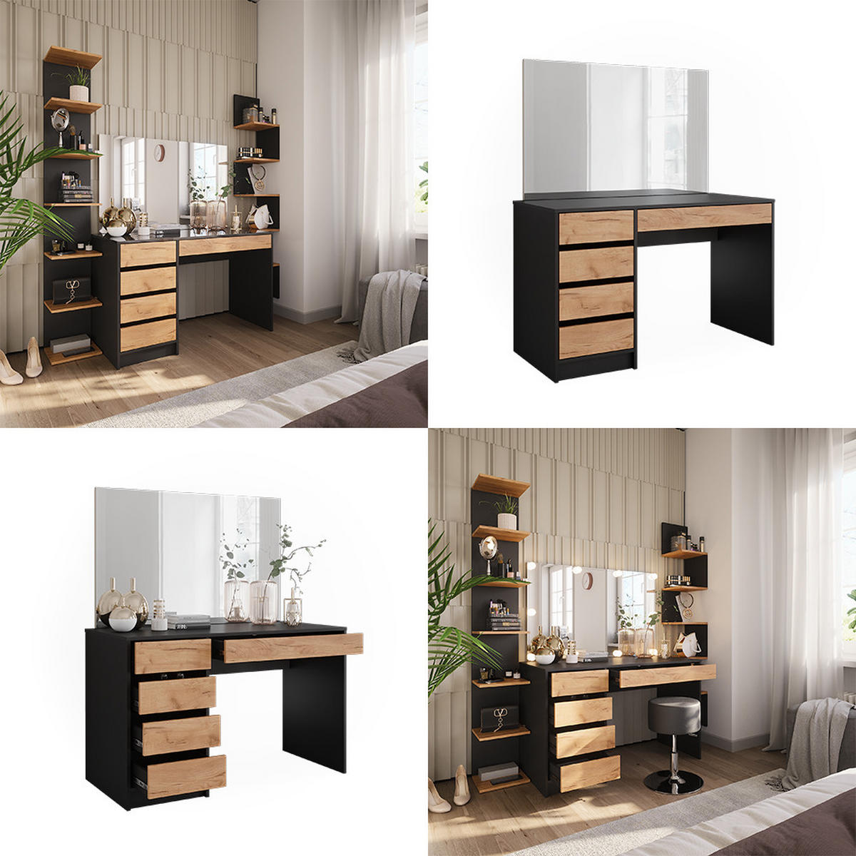 SCHMINKTISCH Sherry Anthrazit/Goldkraft Eiche 120 x 75 cm mit Spiegel - Anthrazit/Eiche Wotan, Holzwerkstoff (120/75/55cm) - Vicco