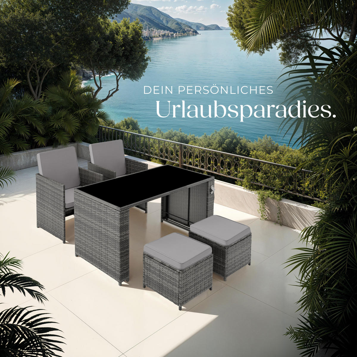 RATTAN SITZGRUPPE Palermo,inklusive Flaschenöffner, zusammenschiebbar,grau - Grau, Kunststoff - tectake
