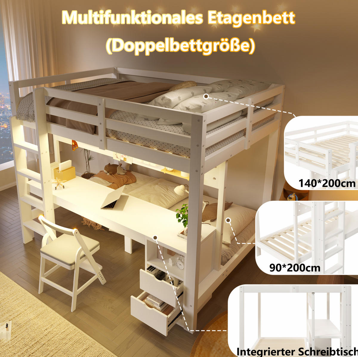 ETAGENBETT 140x200 und 90x200 cm in Weiß/Natur mit Schreibtisch und Schubladen - Weiß, Holz (140/200cm) - IVMEU