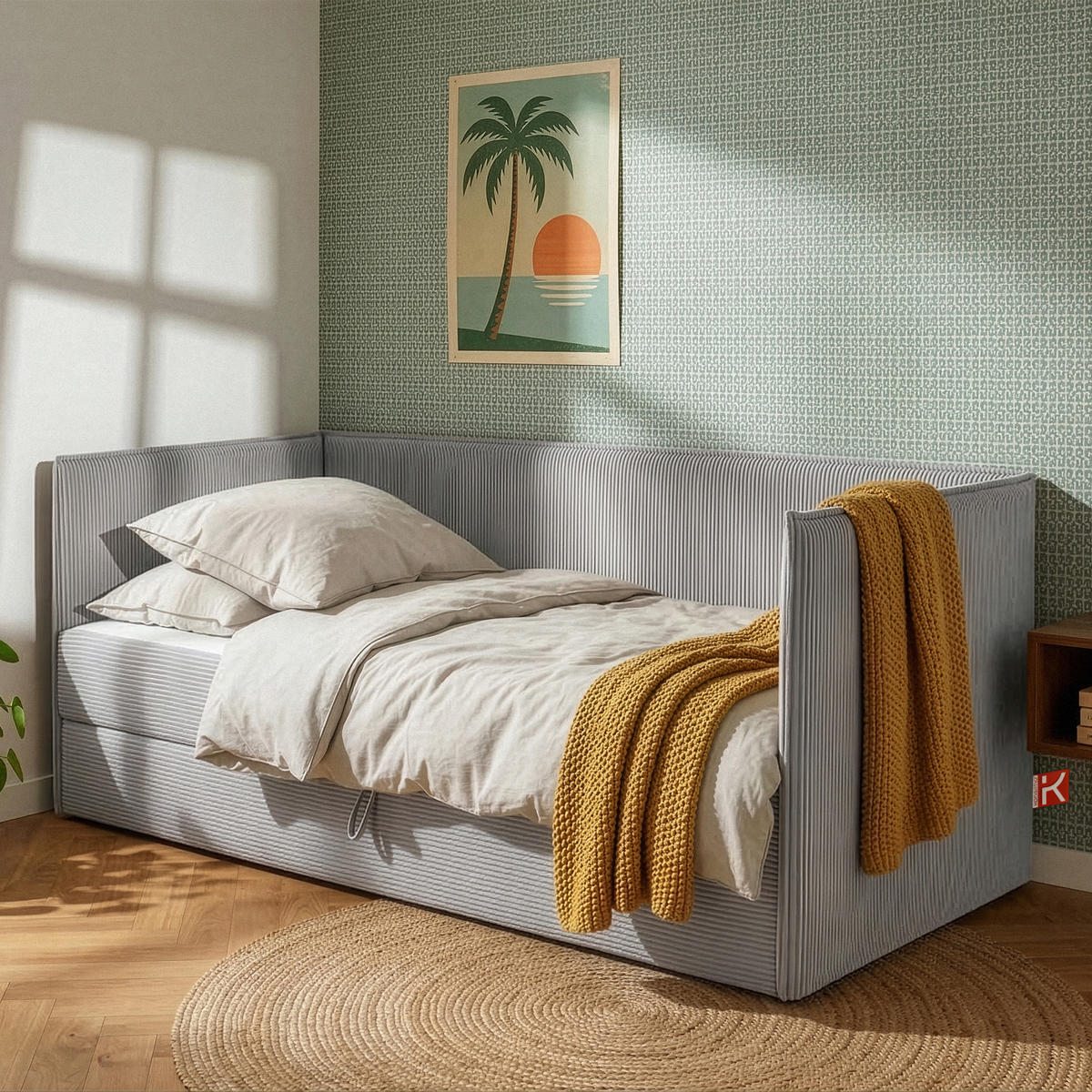 JUGENDBETT ROTI Einzelbett mit Bettkasten, 90x200cm, Bett mit Bonellmatratze, mit Rückenlehne - Hellgrau/Schwarz, Holz/Holzwerkstoff (92/200cm) - KONSIMO®