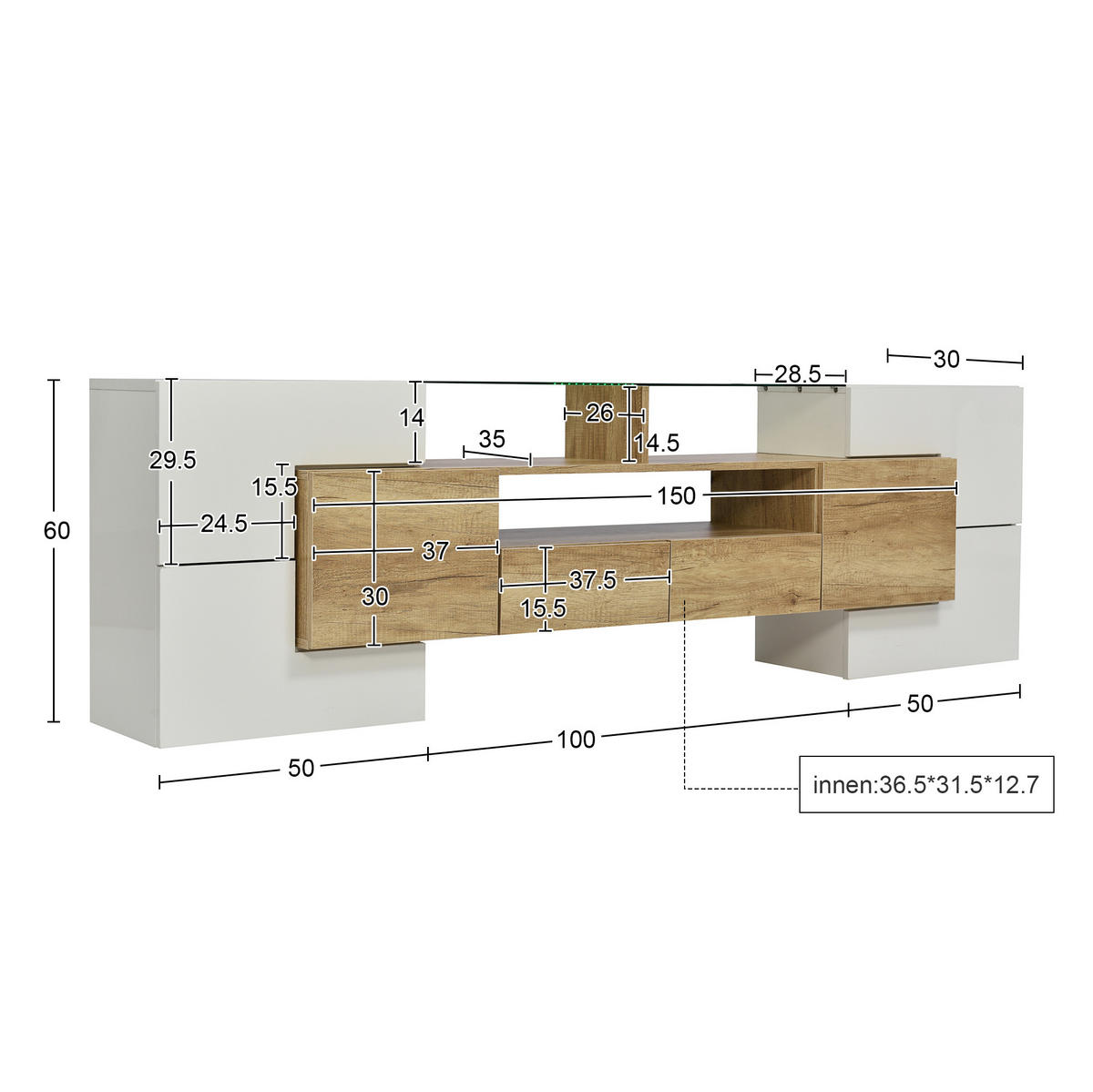 TV-ELEMENT mit LED-Beleuchtung 200 cm Weiß/Natur - Braun, Holzwerkstoff (30/60/200cm) - Beauniv