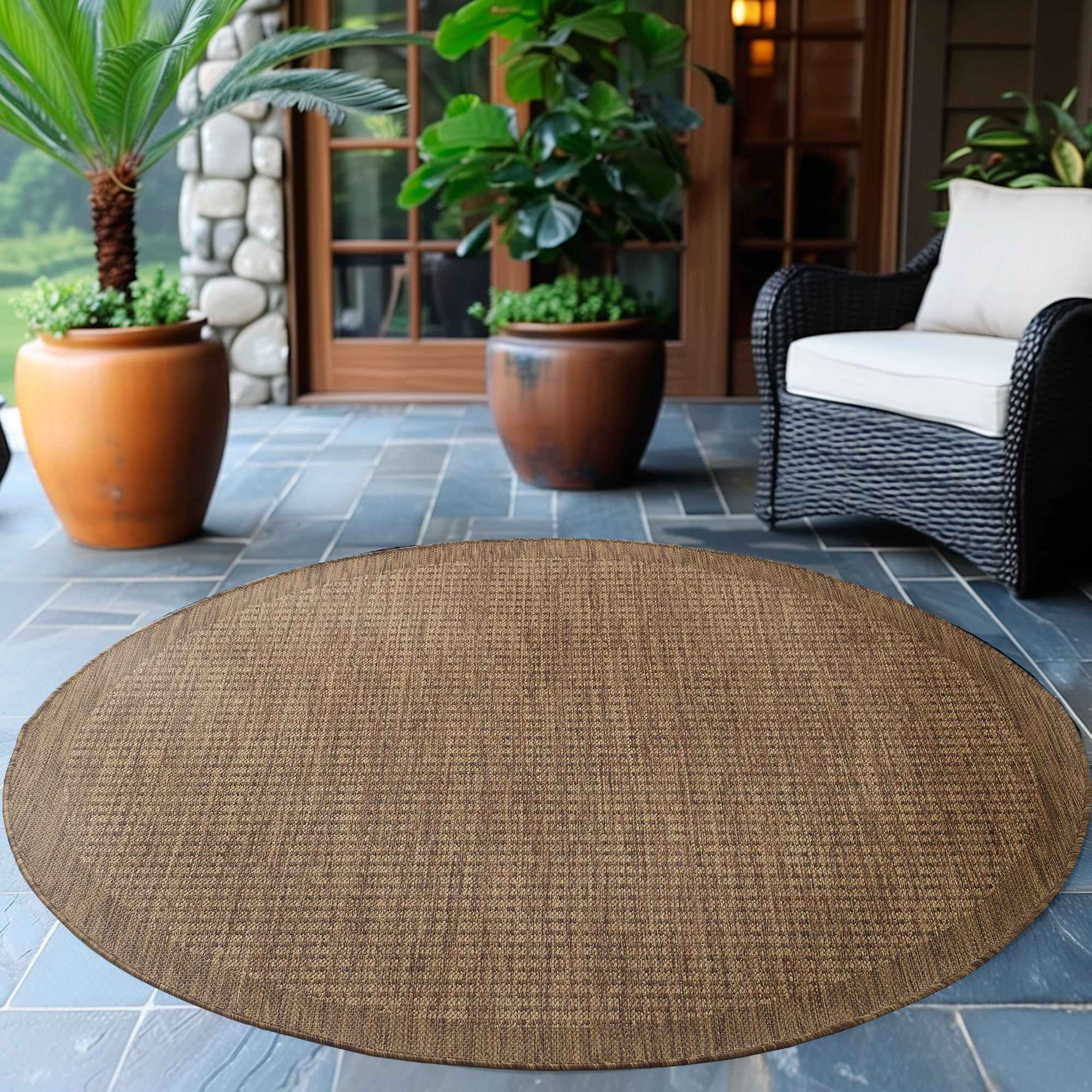 TEPPICH Outdoor Flachgewebe Uni-Farbe Polypropylen Balkon Braun Rund 160x160 - Braun, Textil (160/160cm) - KADIMA DESIGN