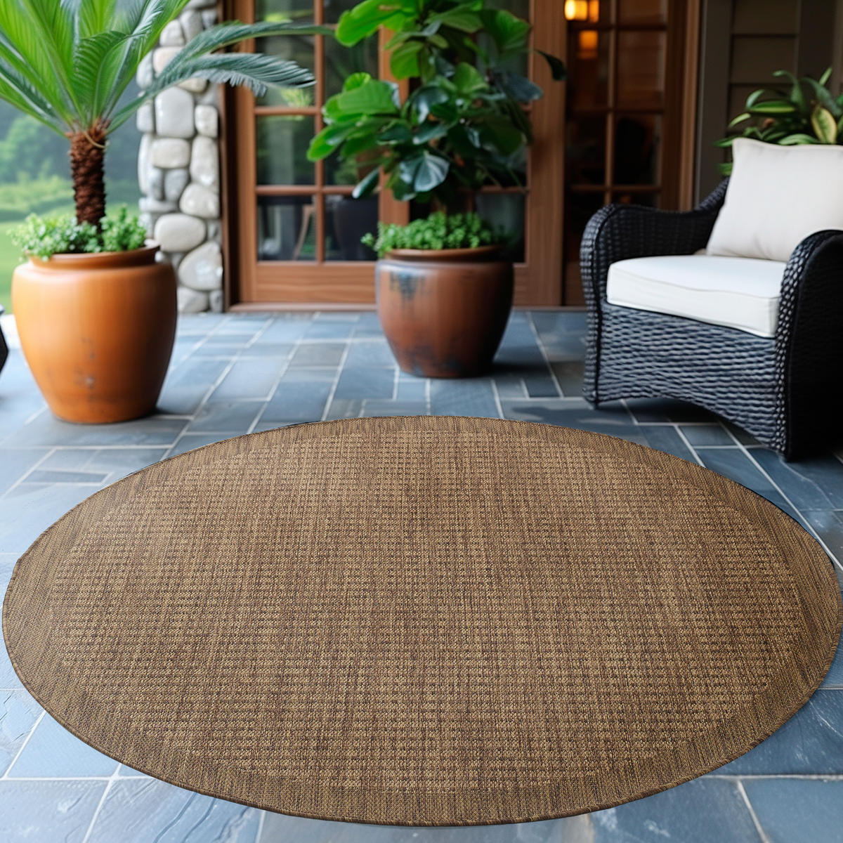 TEPPICH Outdoor Flachgewebe Uni-Farbe Polypropylen Balkon Braun Rund 160x160 - Braun, Textil (160/160cm) - KADIMA DESIGN