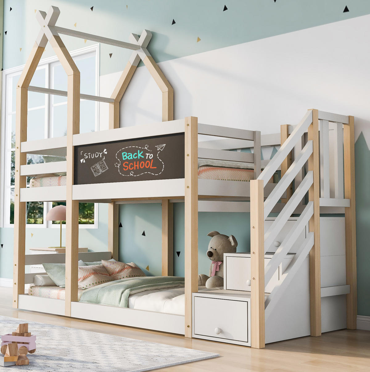 HOCHBETT 90/200 cm in Weiß mit Treppenschrank und Tafel im Baumhaus-Design - Weiß, Holzwerkstoff (90/200cm) - BEAOK