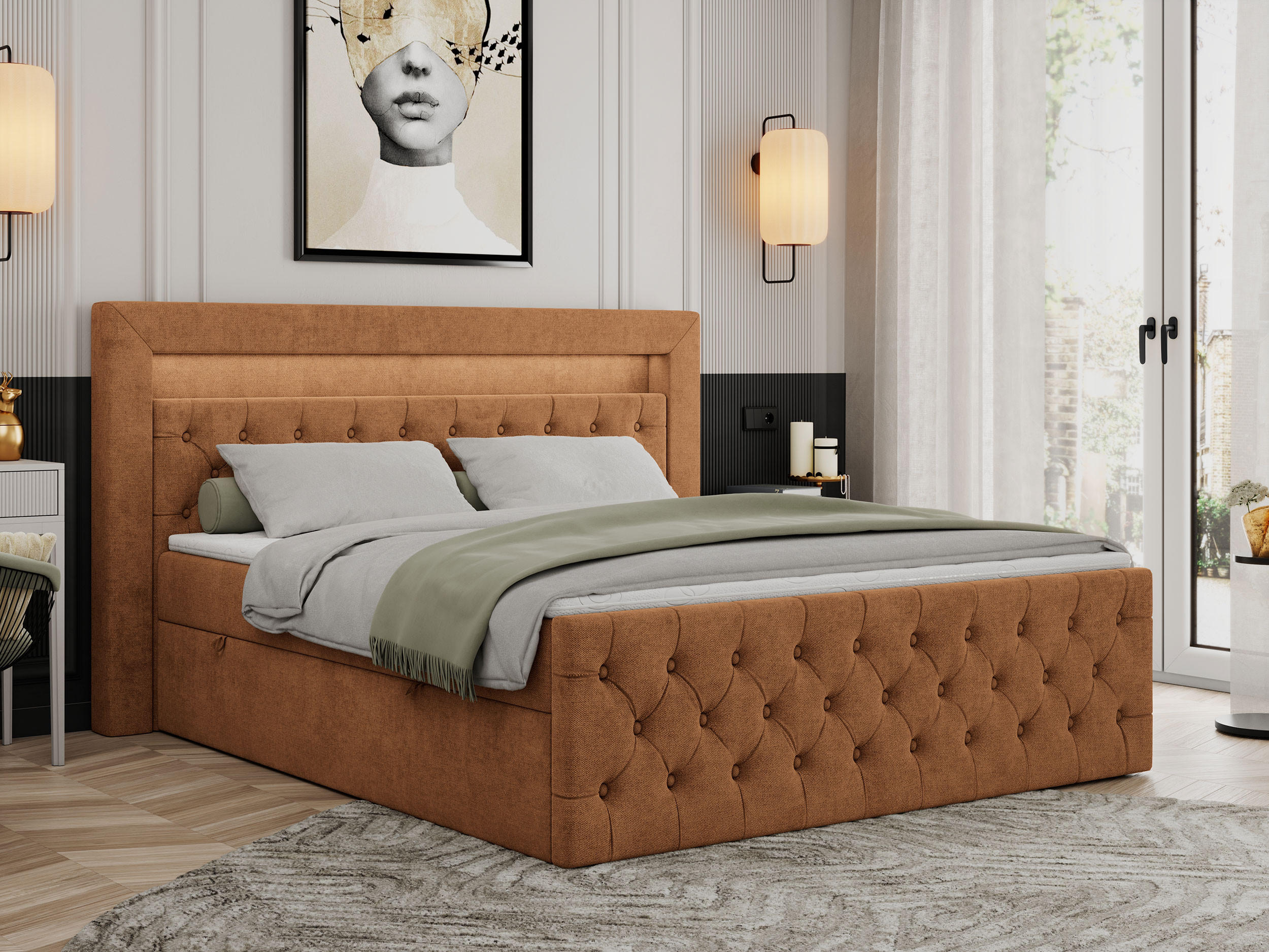 BOXBETT GOLD-9 LED 140/200 Orange Struktur - H3 - Orange, Holz/Textil (140/200cm) - MKS