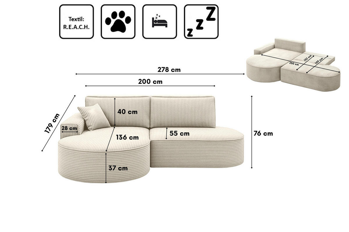 ECKSOFA Modena Pro - Komfort Und Stil Stoff Poso Beige Links - Beige, Holz (179/278cm) - Kaiser Möbel