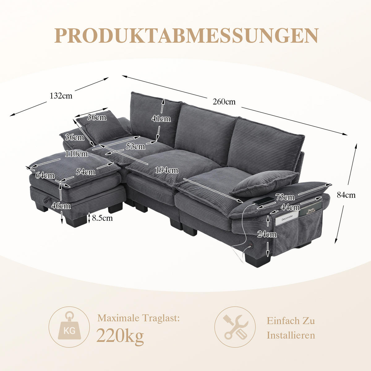 3-SITZER Sofa aus Cord 260x132x84 cm mit USB-C & Hocker, dunkelgrau - Dunkelgrau, Textil (132/84/260cm)
