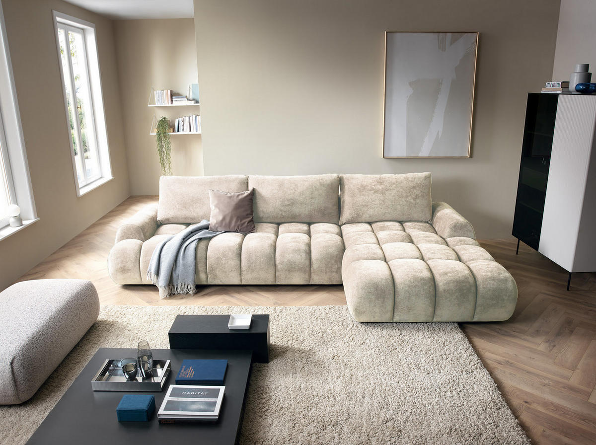 ECKSOFA 340 cm Valerio II, Schlaffunktion, Bettkasten, Rechts, Vanille - Ecru, Holz (177/340cm) - Emporius