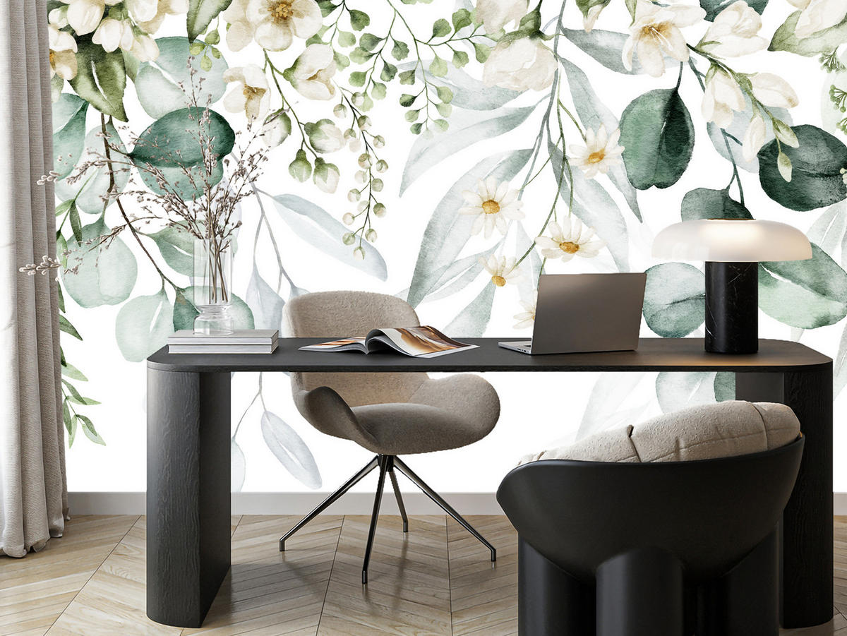 FOTOTAPETE für Schlafzimmer Aquarell Blätter Blumen Weiß 500x350 - Gelb/Weiß, Papier (500/350cm) - Muralo