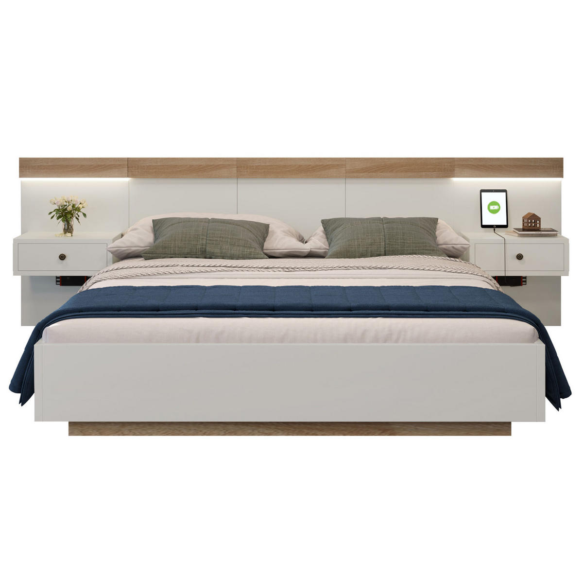 POLSTERBETT 180/200 cm Weiß/Sonoma-Eiche mit LED-Nachtkommoden und USB- und Type-C-Anschlüssen - Weiß, Holzwerkstoff (180/200cm) - Flora Grace