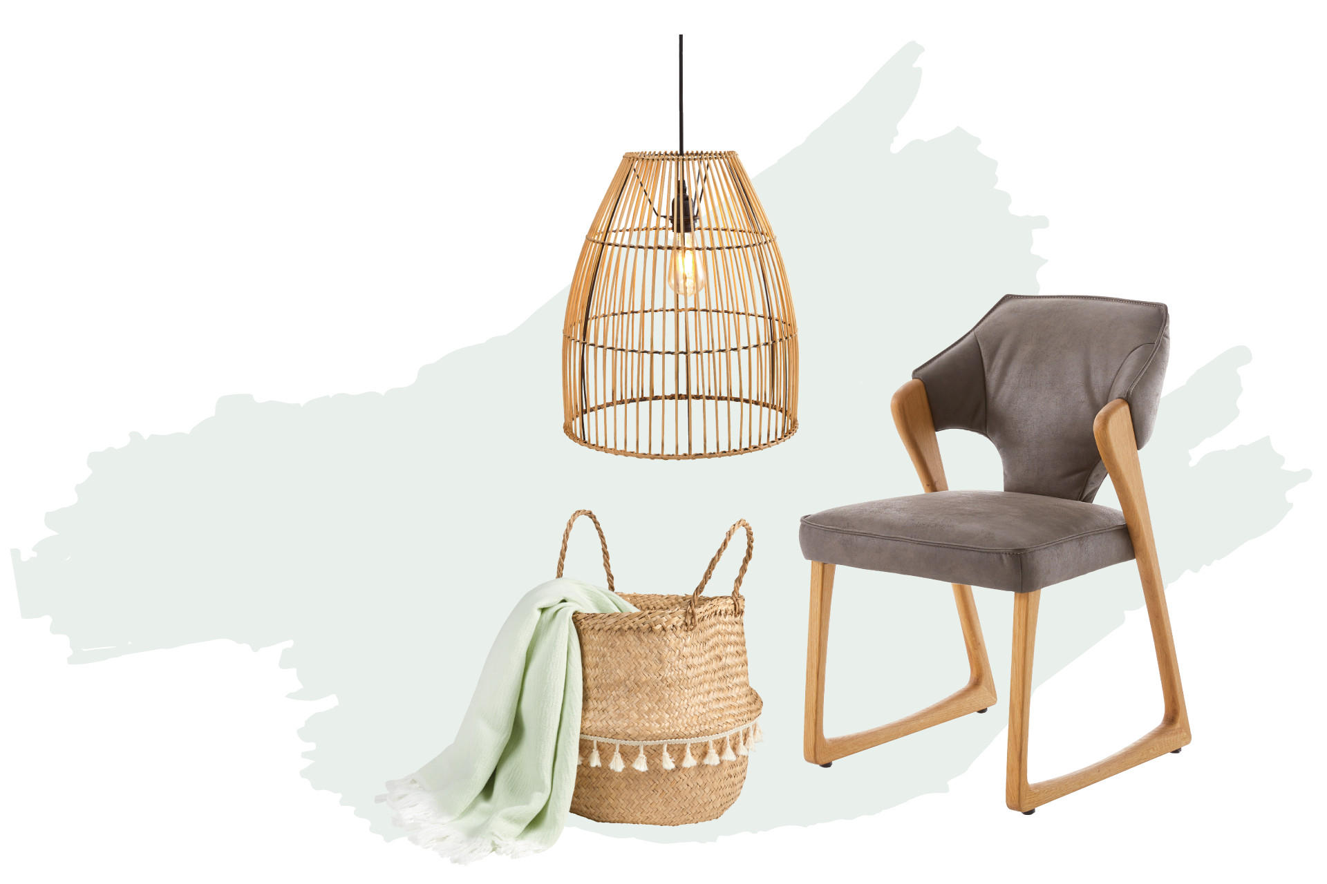 Taklampa, stol och korg i naturmaterial 