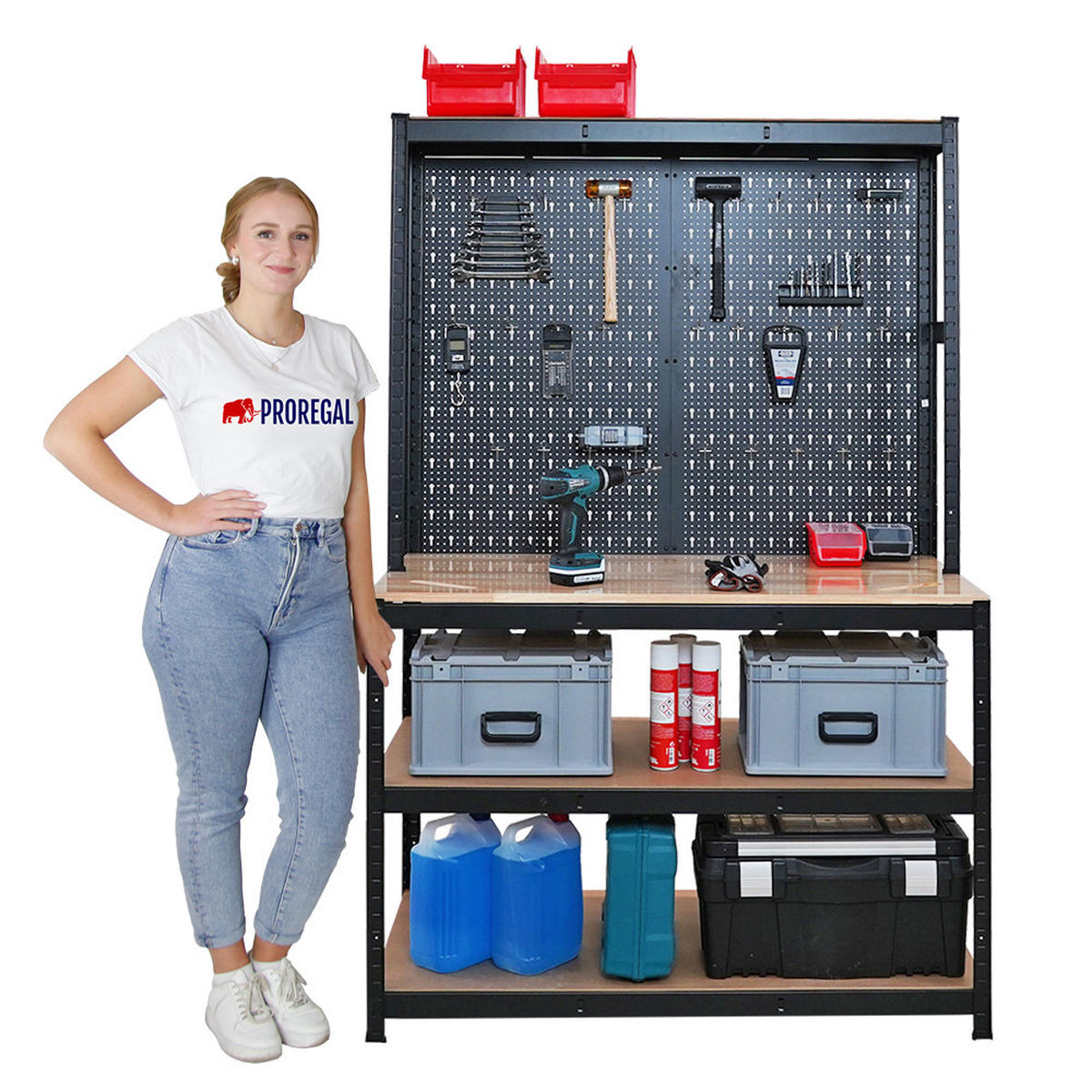 WERKBANK Giant Beast 2er-Set mit Lochwand180x120x60cm Fachlast 175kg inkl. Werkzeughalter Set Schwarz - Schwarz, Metall (120/180/60cm) - PROREGAL