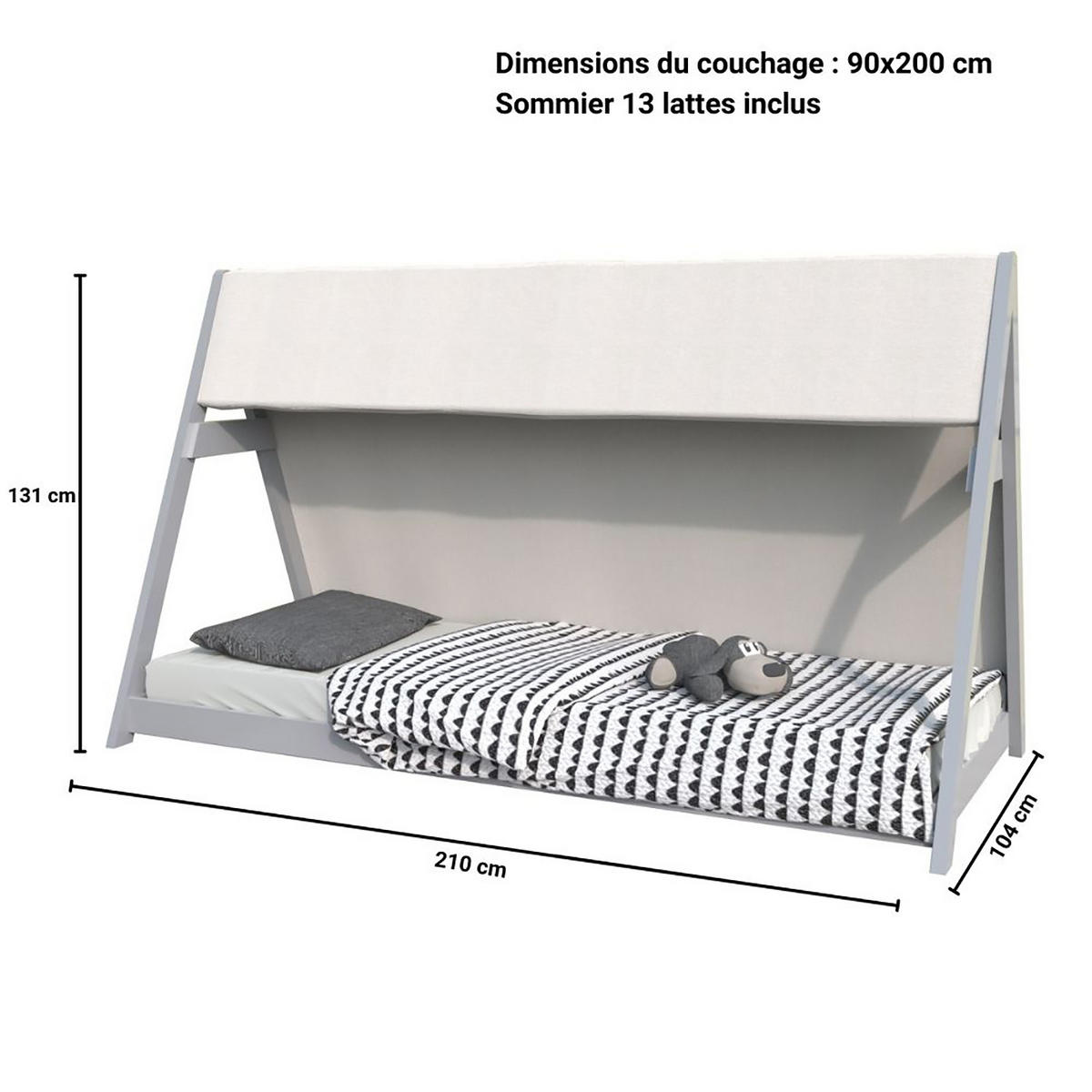HAUSBETT TIPI/ Kinderbett 90x200 mit Stoff und Lattenrost- Grau - Grau, Holz (90/200cm) - Weber Industries