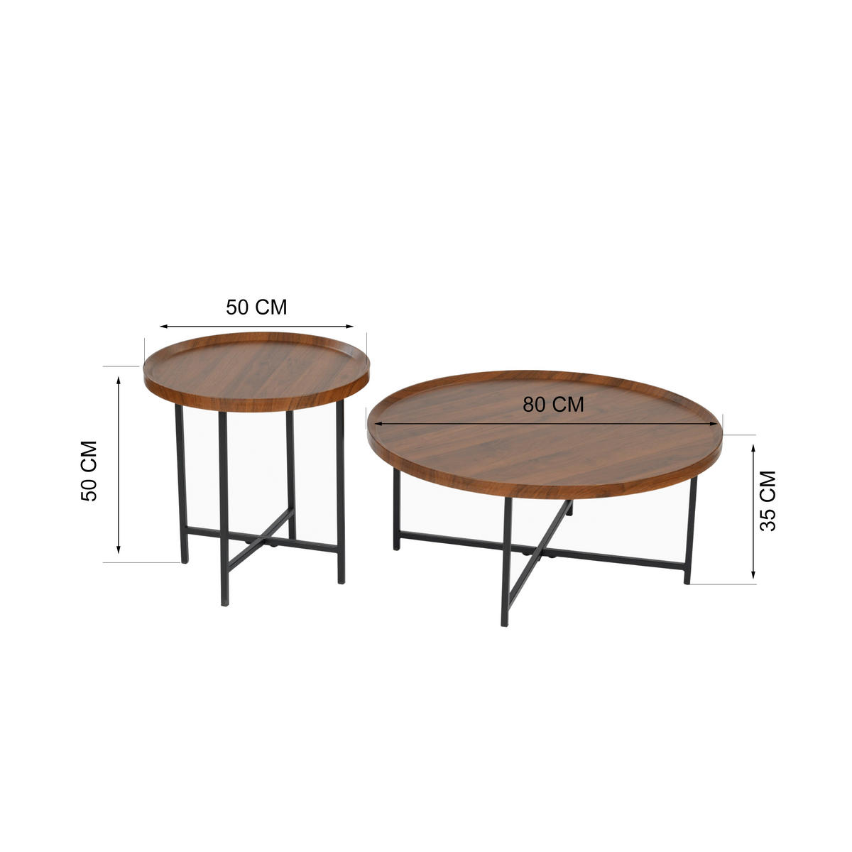 COUCHTISCH 2-teiliges Set Dunkle Holzmaserung - Dunkelbraun, Holzwerkstoff/Metall (80/80/50cm) - Urban Meuble