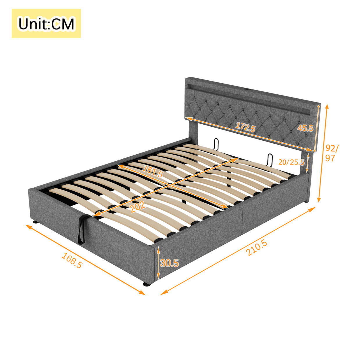 POLSTERBETT 160/200 cm mit Bettkasten, LED-Beleuchtung und USB-C in Grau - Grau, Textil (160/200cm) - BEAOK