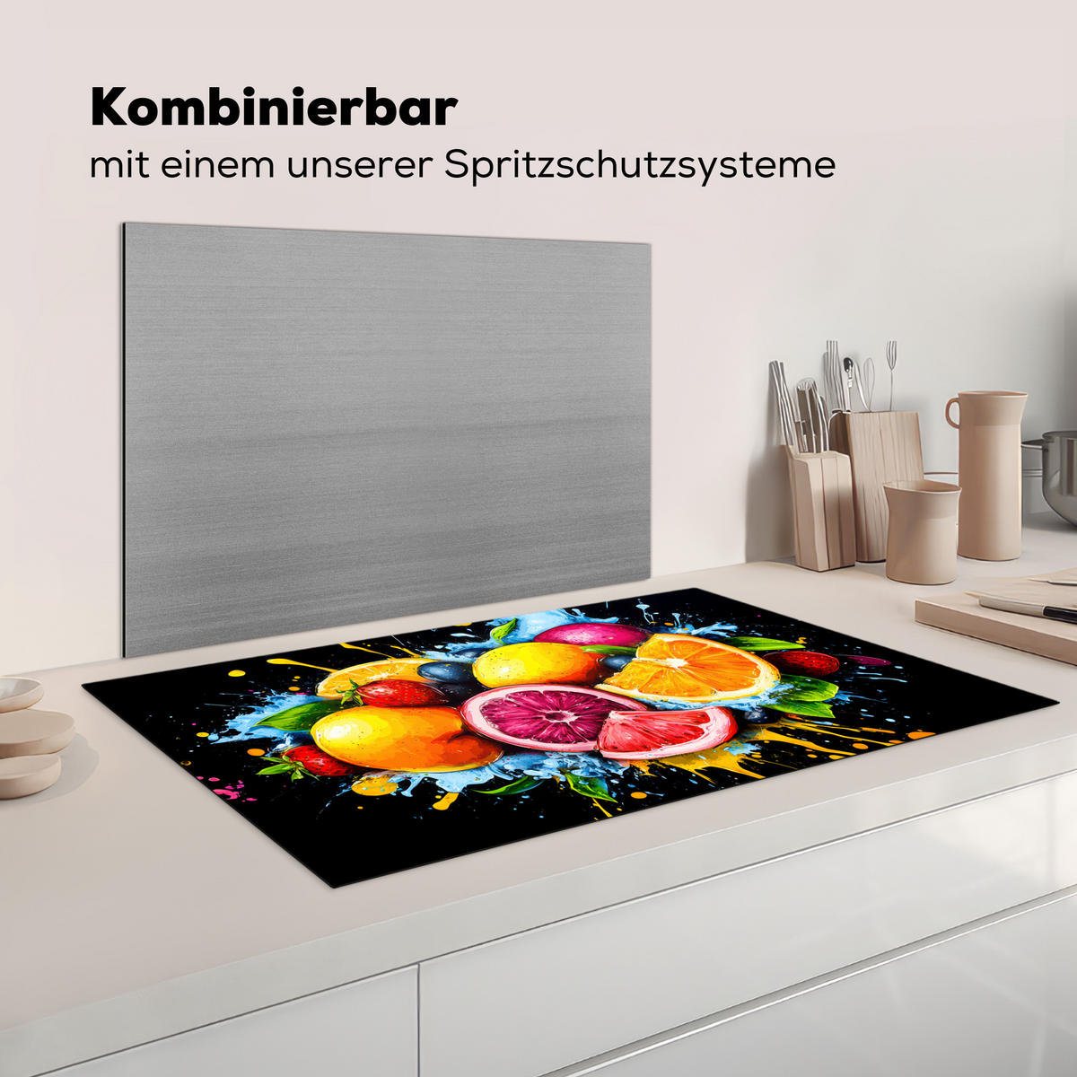 HERDABDECKPLATTE Obst - Graffiti - Bunt - Orange - Erdbeere - Abstrakt Induktionsschutz 89.6x51.6 cm - Orange, Kunststoff (89.6/51.6/0.2cm) - MuchoWow