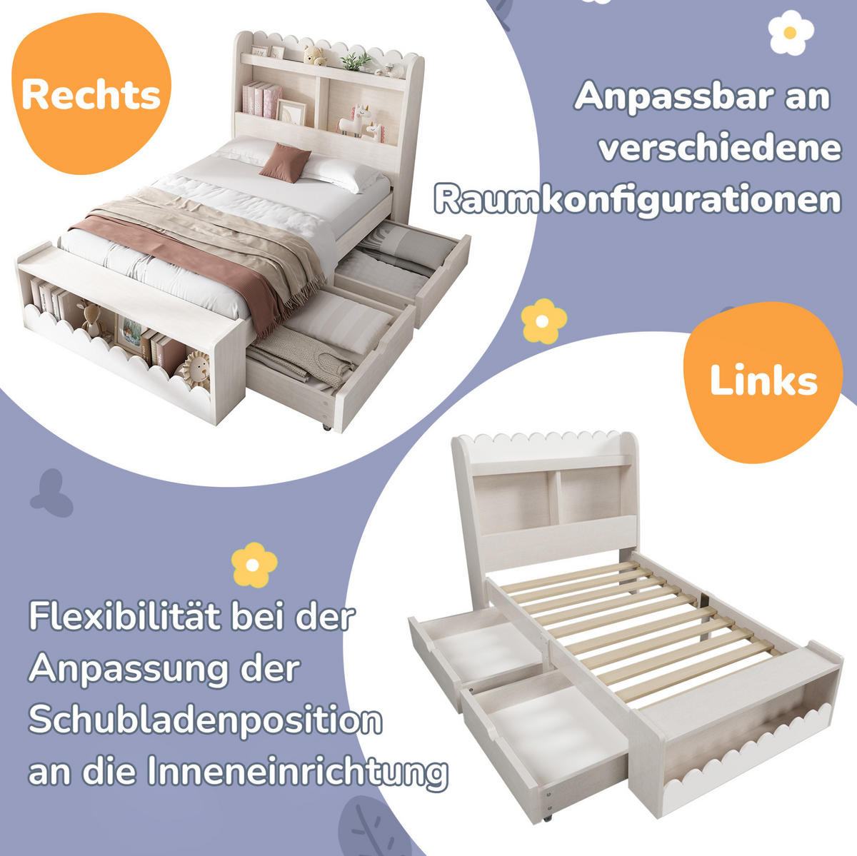 KINDERBETT aus Massivholz und MDF 90x190 cm Weiß/Eichefarben mit Schubladen und Stauraum - Beige, Holzwerkstoff (90/190cm) - IVMEU