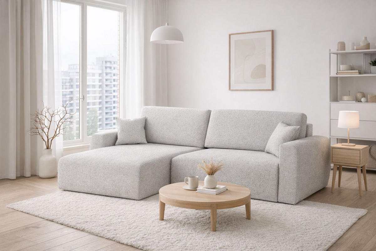 ECKSOFA Mit Schlaffunktion, Ariel XL, Chenille-Stoff, Stoff Artico, Cement, Links - Hellgrau, Holz (280/142cm) - Kaiser Möbel