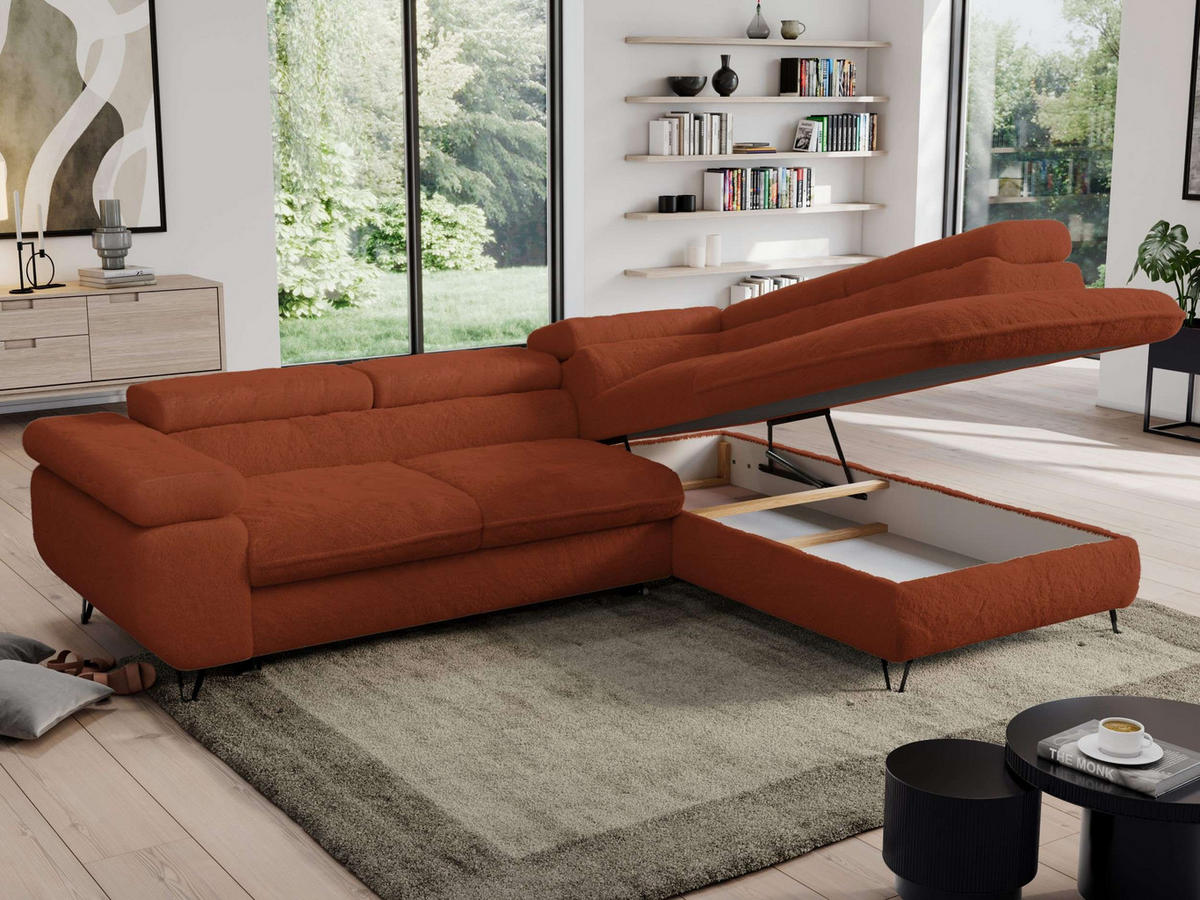 ECKSOFA PEDRO L Orange Plüsch - Rechts Seite - Schwarz/Orange, Textil/Metall (273/208cm) - MKS