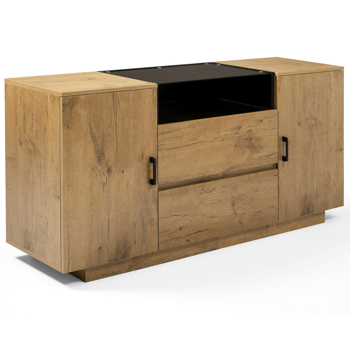 SIDEBOARD 140/40/70 cm Eiche aus Holzwerkstoff mit ESG-Glas und 2 Schubladen - Eichefarben, Glas (140/70/40cm) - OKWISH