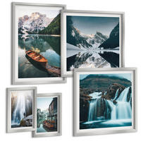 BILDER SET 5er Set - 50x50 cm & 20x30 cm & 40x60 cm Silberner Rahmen - Spiegelung der Boote auf Bergseen - Silberfarben, Kunststoff (40/60cm) - TULUP