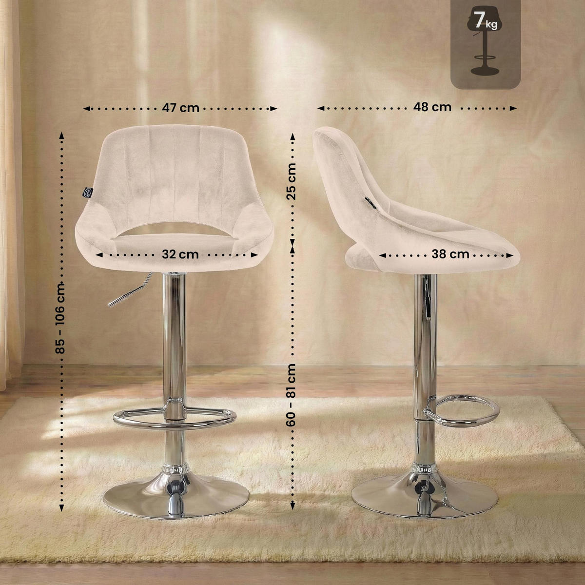 BARHOCKER Samt Creme - Chromfarben/Creme, Textil/Metall (47/85/48cm) - CLP