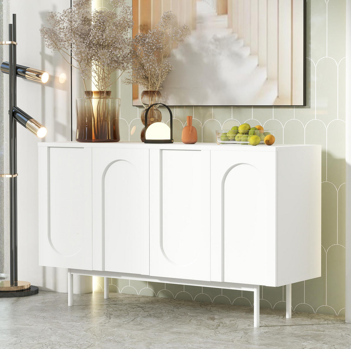 SIDEBOARD aus MDF und Spanplatte 140x42x80 cm Weiß mit 4 Türen, verstellbaren Einlegeböden und gewölbter Front - Weiß, Holzwerkstoff (140/80/42cm) - Modfu