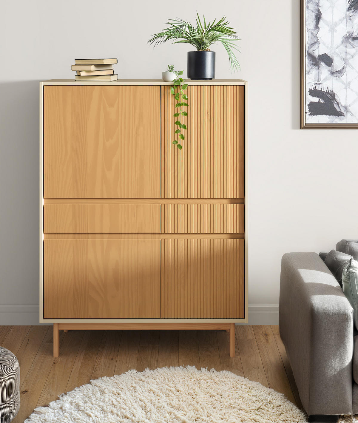 MASSIVES HIGHBOARD - Pinie / Kaschmir - Kieferfarben, Holz (102/136/42cm) - home24