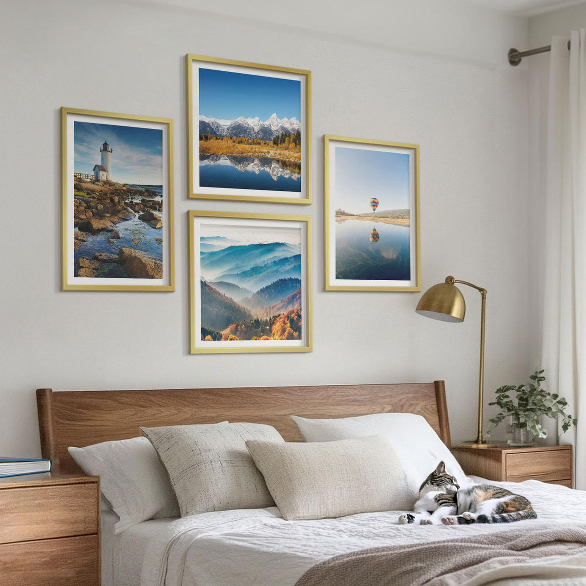 BILDER SET 4er Set - 50x50 cm & 40x60 cm Goldrahmen - Ausblicke auf die Natur, Leuchtturm, Berge - Goldfarben, Kunststoff (50/50cm) - TULUP