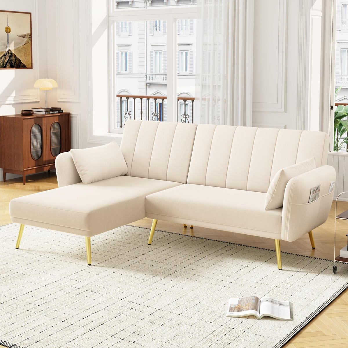 ECKSOFA 191,5/130,5/80 cm beige aus Samt mit Schlaffunktion - Beige, Textil (130/191.5cm) - OKWISH
