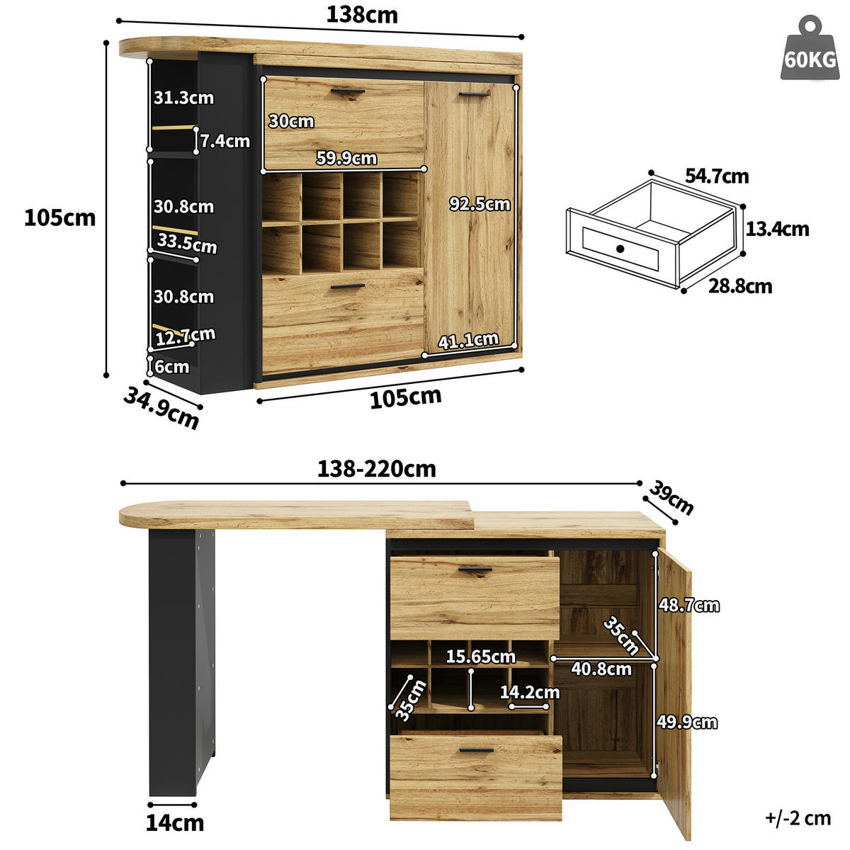BARTISCH Holzoptik 138-220/39/105 cm - Naturfarben, Holz (39/138/105cm) - PANGIVO