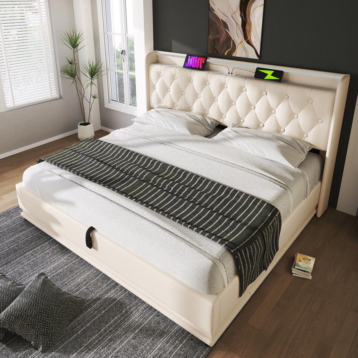 POLSTERBETT mit LED und Stauraum 180x200 cm PU White - Weiß, Metall (180/200cm) - Meubliv