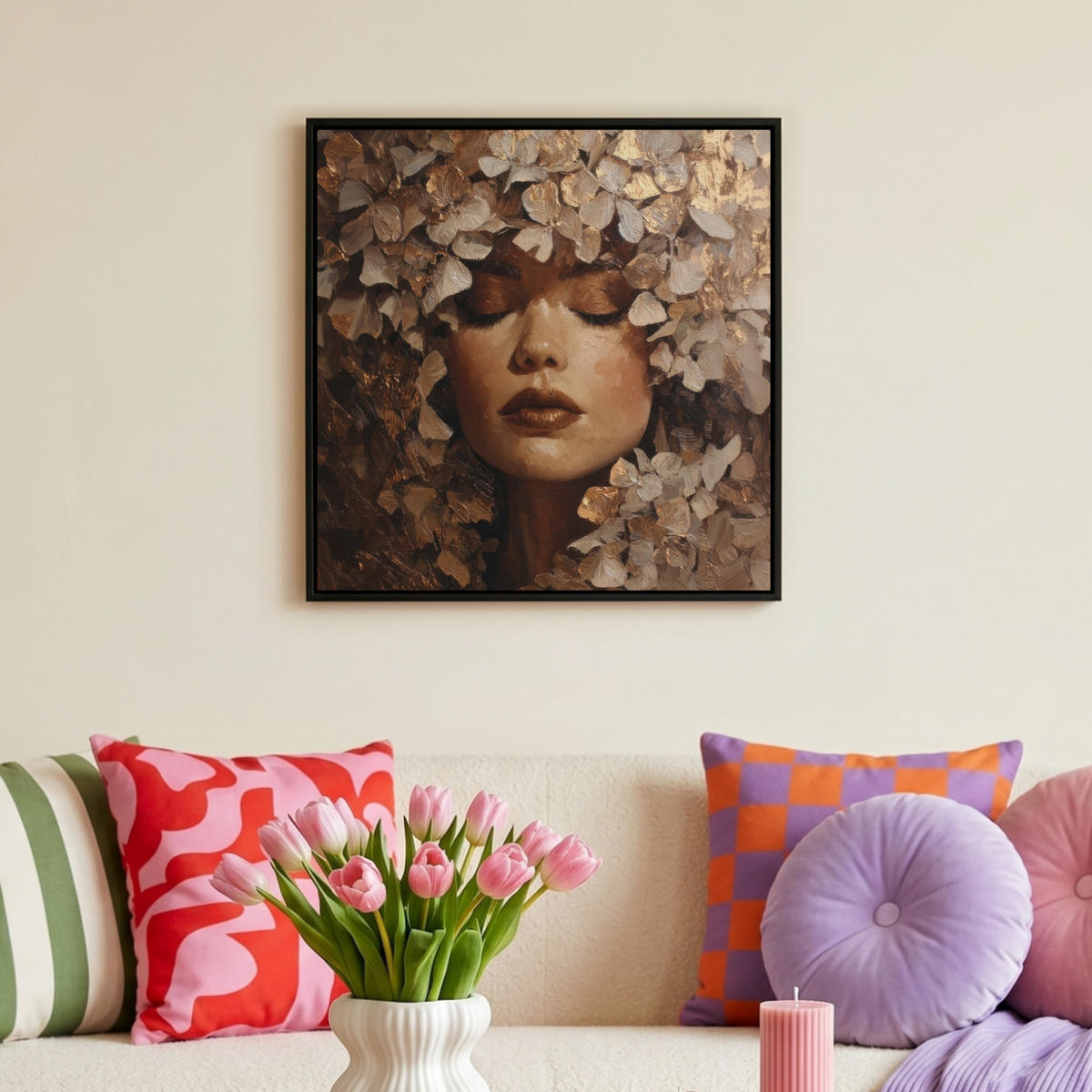LEINWAND Bilder mit Rahmen - Gesicht - Dame - Blätter - Pinselstriche - 50x50 - Goldfarben, Textil (50/50cm) - MuchoWow