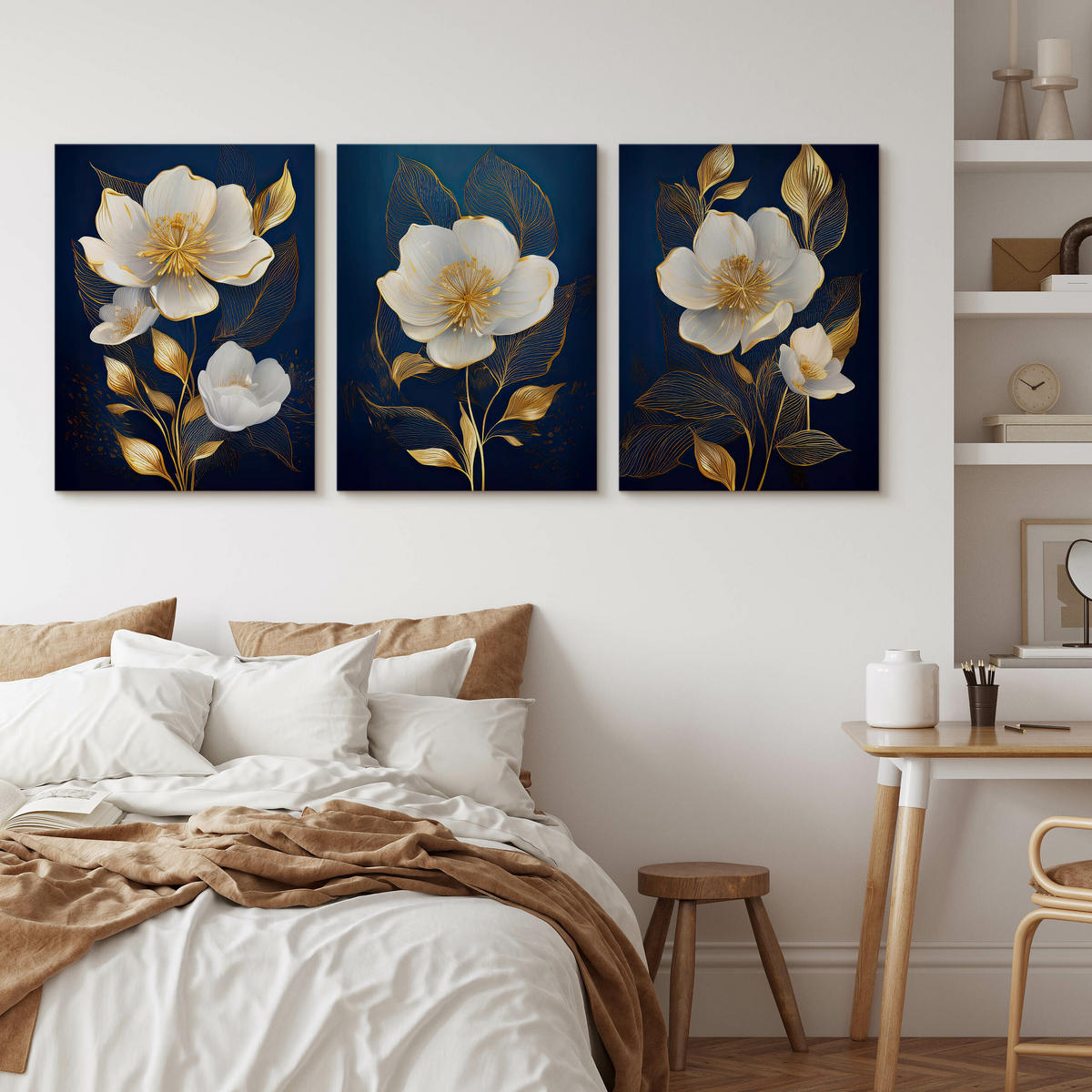 LEINWANDBILDER 3-es Set Glamour Blumen - Blau/Beige, Textil (90/40cm) - Muralo