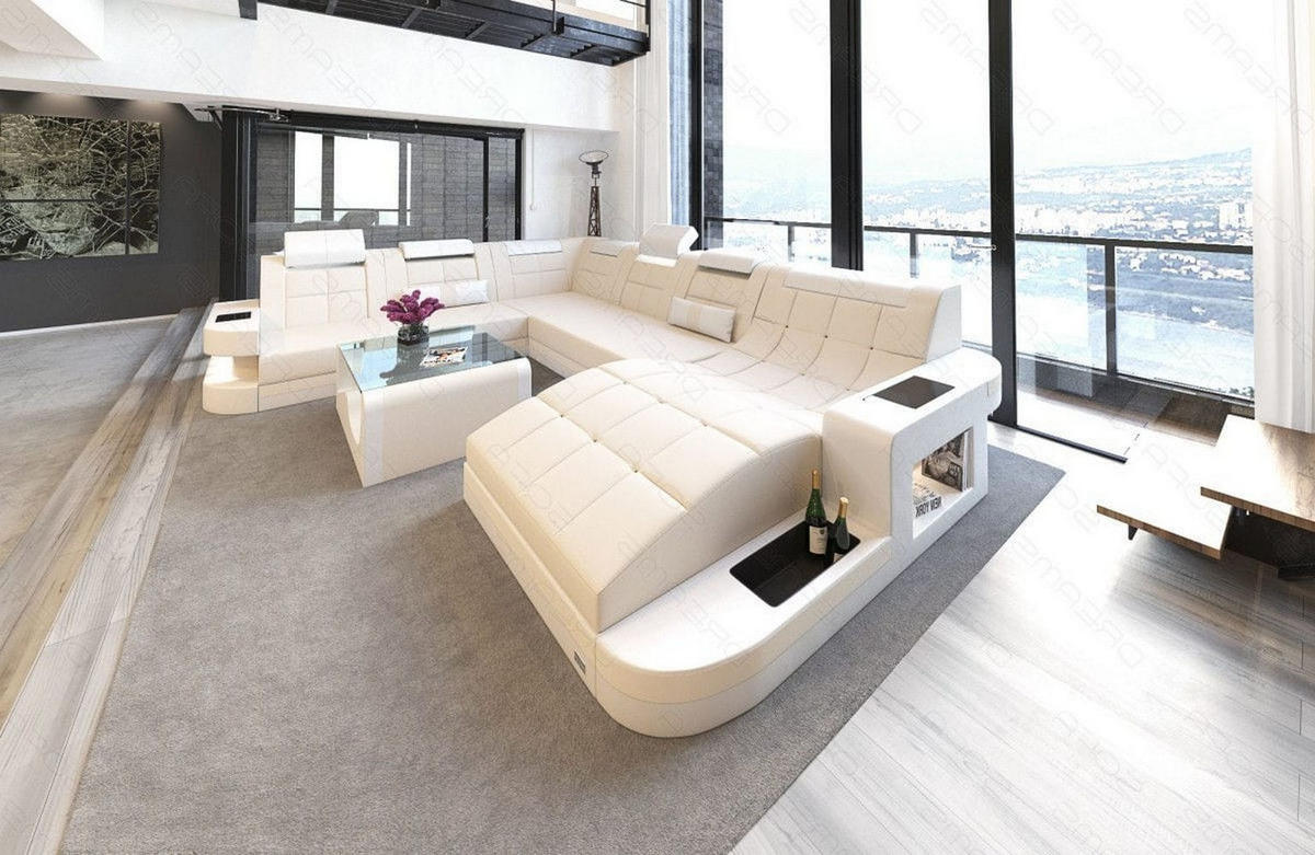 WOHNLANDSCHAFT Wave Elfenbein Weiß Mikrofaserstoff - Creme, Kunststoff (379/80/274cm)