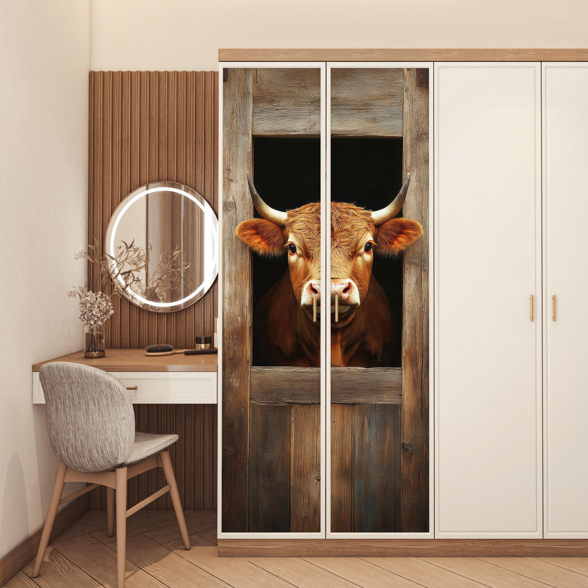 TÜRAUFKLEBER Kuh - Fenster - Holz - Tiere Wanddeko 90x205 cm - Türtapete - Wengefarben, Kunststoff (90/0.1cm) - MuchoWow