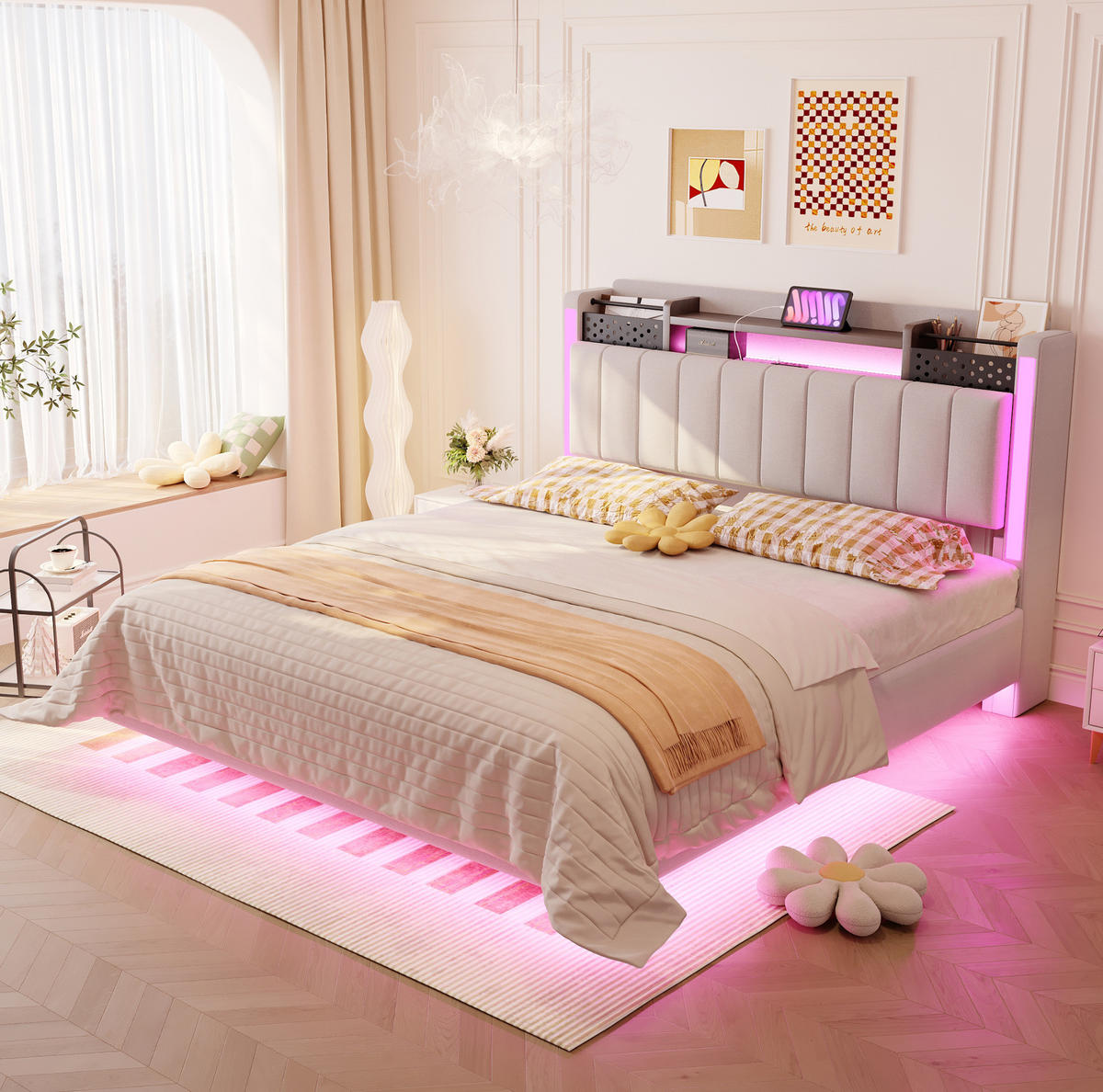 ČALOUNĚNÁ postel 140/200 cm, béžová, lněný vzhled, s LED osvětlením a USB - béžová, textil (140/200cm) - BEAOK