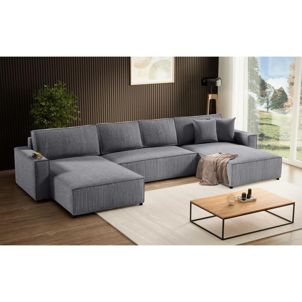 WOHNLANDSCHAFT Parys U mit Schlaffunktion grau - Schwarz/Grau, Kunststoff/Textil (390/70/185cm) - Beautysofa