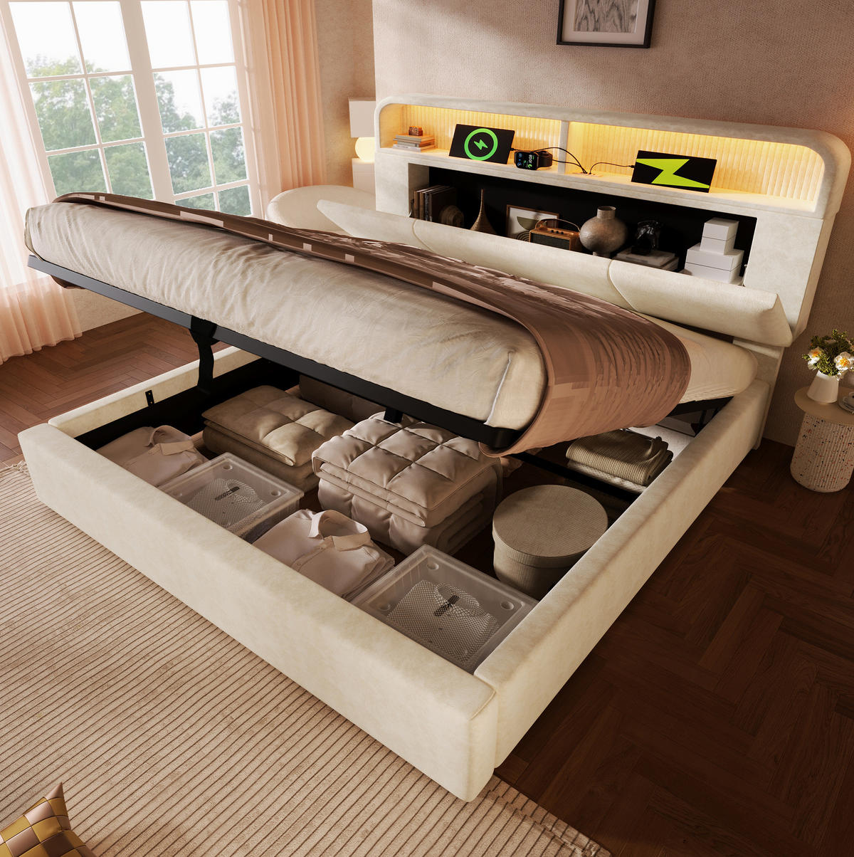 POLSTERBETT aus Samt 140x200 cm in Beige mit LED & USB-C Ladestation - Beige, Textil (140/200cm) - Modfu