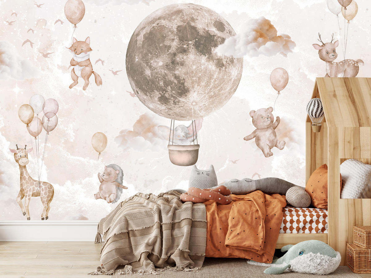 FOTOTAPETE für Kinderzimmer Mond Ballons Bär Rehkitz Giraffe Wolken 200x140 - Beige/Rosa, Papier (200/140cm) - Muralo